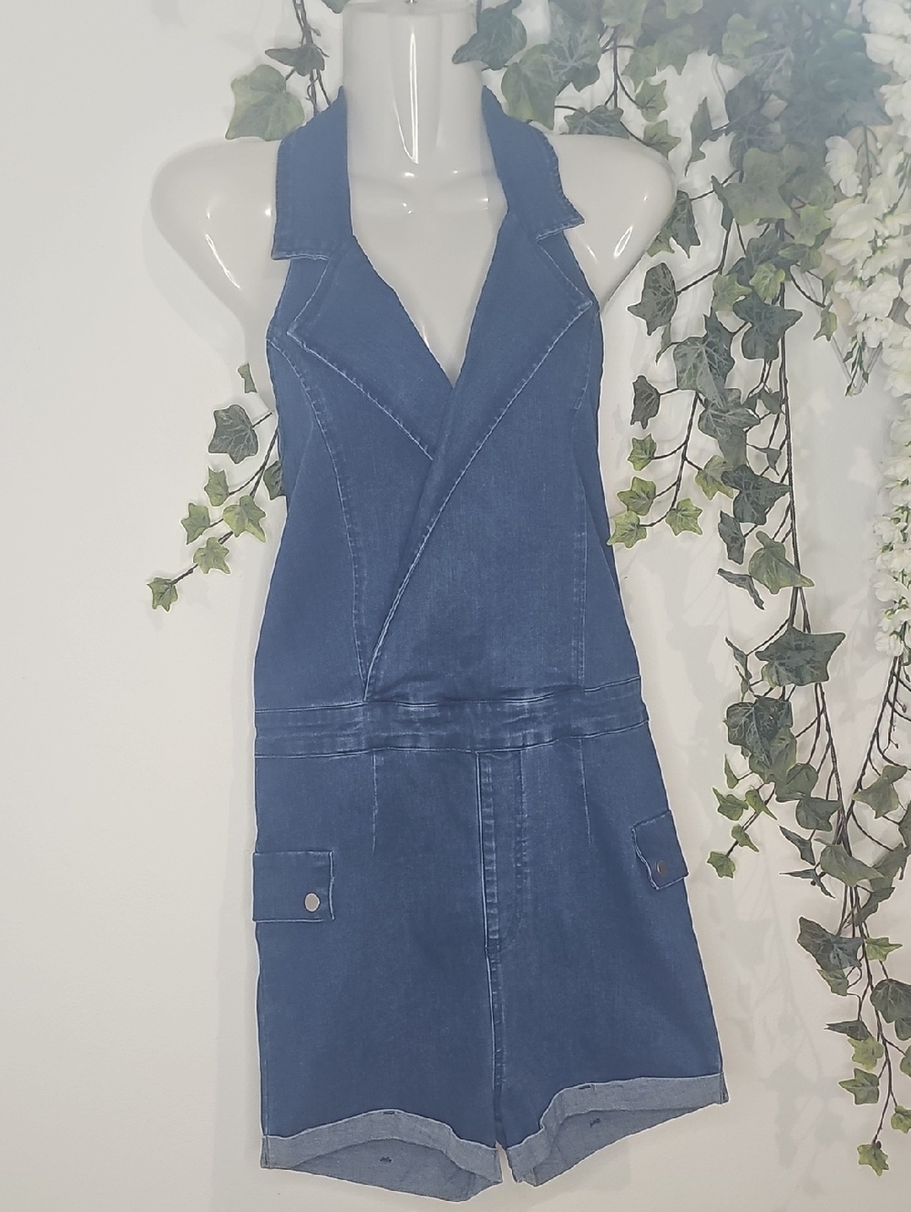 Halter Romper Denim Shorts in Deep Indigo.